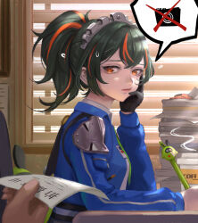 1girl bangboo_(zenless_zone_zero) black_gloves black_hair blue_jacket breasts chair closed_mouth collared_shirt commentary_request cup disposable_coffee_cup disposable_cup flying_sweatdrops gloves green_necktie hair_between_eyes hand_on_own_cheek hand_on_own_face highres holding holding_paper holding_pen huwalli indoors jacket long_hair long_sleeves looking_at_viewer medium_breasts metal_hairband multicolored_hair necktie open_clothes open_jacket orange_eyes paper paper_stack pen police police_uniform policewoman ponytail red_hair shirt sidelocks single_glove sitting solo_focus streaked_hair upper_body white_shirt window window_blinds zenless_zone_zero zhu_yuan