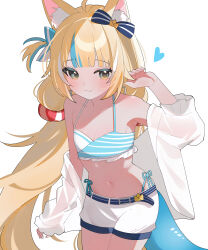 1girl :3 absurdres ahoge animal_ear_fluff animal_ears bikini bikini_under_shorts blonde_hair blue_background blue_bikini blue_bow blue_eyes blue_hair blunt_bangs bow breasts cat_ears cleavage commentary fang fins fish_girl fish_tail hair_bow hair_flaps halterneck hana20000920 hand_up highleg highleg_bikini highres indie_virtual_youtuber jacket jacket_partially_removed lifebuoy_hair_ornament long_hair looking_at_viewer low_twintails multicolored_hair navel one_side_up sameko_saba see-through_clothes see-through_sleeves short_shorts shorts side-tie_bikini_bottom simple_background single_sleeve_past_wrist skin_fang small_breasts solo streaked_hair swimsuit symbol-only_commentary tail thighhighs twintails very_long_hair virtual_youtuber white_background white_bikini white_hair white_shorts yellow_eyes