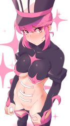 10s 1girl alternate_breast_size band_uniform black_thighhighs blush breasts c-string cameltoe covered_erect_nipples female_focus hat heart heart_maebari highres jakuzure_nonon kill_la_kill looking_at_viewer maebari medium_breasts minakami_(flyingman555) navel pink_eyes pink_hair pussy shako_cap simple_background solo strapless_bottom sweat sweatdrop jakuzure_nonon_(symphony_regalia) thighhighs uncensored underboob white_background