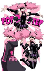 1girl absurdres black_boots black_jacket black_mask black_sleeves boku_no_hero_academia boots bow breasts character_name clothing_cutout cosplay curvy demon_girl_(cosplay) detached_sleeves domino_mask earrings eye_mask floating full_body grin haneyama_kazuho heart heart_cutout highleg highleg_leotard highres jacket jewelry leotard looking_at_viewer low_wings mask mini_wings miniskirt multiple_views nico-neko one_eye_closed outstretched_arms pantyhose pink_eyes pink_hair pink_trim revealing_clothes shiny_clothes skirt smile solo sphere_earrings standing superhero_costume teeth thighhighs twintails upper_teeth_only vigilante_-boku_no_hero_academia:_illegals- wide_hips wings wink