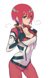 1girl absurdres amate_yuzuriha bodysuit breasts cleavage collarbone commentary cowboy_shot daoshitaka green_eyes gundam gundam_gquuuuuux highres looking_at_viewer mecha_pilot_suit medium_breasts parted_lips red_bodysuit red_hair short_hair sidelocks simple_background solo standing steaming_body white_background