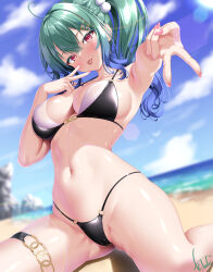 1girl :p ahoge aqua_hair beach bikini black_bikini blue_hair blue_sky blush breasts cameltoe cleavage cloud commentary_request crossed_bangs day fang gradient_hair gyaru_v hair_between_eyes hair_bobbles hair_ornament hairclip highres kogarashi_tobi long_hair looking_at_viewer medium_breasts multicolored_bikini multicolored_hair navel o-ring o-ring_bikini ocean original outdoors pink_nails ponytail redesign sideboob sidelocks signature skin_fang sky smile solo swimsuit tongue tongue_out topless_female two-tone_bikini two-tone_hair v white_bikini
