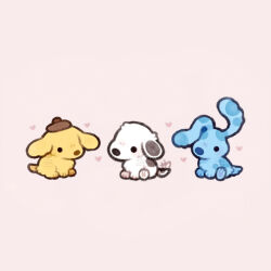 animal animal_focus artist_name black_eyes blue&#039;s_clues blue_(blue&#039;s_clues) blue_fur chibi commentary dog english_commentary full_body no_humans peanuts_(comic) pink_background pompompurin sanrio simple_background sitting snoopy solid_circle_eyes spicymochi tail tail_wagging watermark white_fur yellow_fur