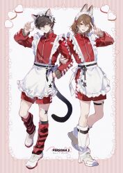 2boys absurdres akechi_gorou alternate_costume amamiya_ren animal_ears black_hair closed_mouth doran_(doran7280) fake_animal_ears full_body grey_eyes highres jacket male_focus medium_hair multiple_boys one_eye_closed open_mouth persona persona_5 red_eyes red_jacket red_shorts shoes shorts smile white_shoes