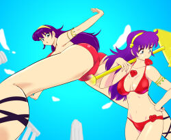 1girl armlet asamiya_athena ass athena_(series) between_legs bikini breasts curvy from_behind from_below gold hairband huge_ass jewelry large_breasts long_hair looking_at_viewer looking_back outdoors pale_skin princess_athena purple_hair red_bikini skindentation snk_heroines:_tag_team_frenzy standing swimsuit the_king_of_fighters thick_thighs thighs wide_hips