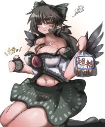 1girl absurdres between_breasts bird_wings black_hair black_socks black_wings blush bow bread bread_bag bread_in_breasts bread_slice breasts cleavage clock closed_eyes closed_mouth collarbone commentary_request countdown_timer eye20806972 food full_body green_bow green_skirt hair_bow highres large_breasts loaf_of_bread long_hair navel reiuji_utsuho simple_background sitting skirt socks solo squiggle stopwatch third_eye touhou watch white_background wings