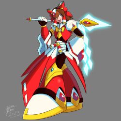 1girl android animemaster bow brown_eyes chest_jewel commentary crossover dated detached_sleeves english_commentary forehead_jewel full_body glowing glowing_weapon grey_background hair_bow hair_ribbon hair_tubes hakurei_reimu hand_on_own_hip highres holding holding_behind_back holding_polearm holding_polearm_behind_back holding_weapon holding_weapon_behind_back japanese_clothes jewelry looking_at_viewer mega_man_(series) mega_man_x_(series) miko open_mouth pole polearm red_bow red_ribbon ribbon robot_girl signature simple_background smile solo spear standing touhou weapon