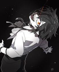 Rule 34 | 1boy, bent back, black background, black bow, black bowtie, black hair, black shorts, bow, bowtie, choker, colored skin, commentary request, cowboy shot, datenshi no fu, despair god morroc, eye trail, hair between eyes, hair over one eye, highres, light trail, long sleeves, looking at viewer, male focus, open mouth, orange eyes, pointy ears, ragnarok masters, ragnarok online, shirt, short hair, shorts, slit pupils, smile, solo, white shirt, white skin