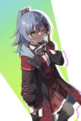 Rule 34 | 1girl, absurdres, asahi rokka, bang dream!, black choker, black gloves, black pantyhose, blue hair, choker, commentary request, gloves, green eyes, grey background, highres, long sleeves, looking at viewer, luyue, multicolored gloves, one eye closed, pantyhose, ponytail, red gloves, red shirt, red skirt, shirt, skirt, solo, white background