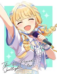 1girl aqua_background arm_out_of_frame arm_up belt blonde_hair blue_choker blue_ribbon blue_trim blurry blush border braid choker closed_eyes depth_of_field fang floating_hair frilled_shirt frills fujita_kotone furrowed_brow gakuen_idolmaster hair_ribbon hair_tie hairband hand_up happy_tears highres holding holding_microphone idolmaster jacket long_hair microphone midriff navel open_mouth outside_border ribbon sakura_ran scrunchie sekaiichi_kawaii_watashi_(idolmaster) shirt short_sleeves simple_background skin_fang smile solo sparkle tearing_up tears twin_braids upper_body white_border white_jacket white_scrunchie white_shirt wrist_scrunchie yellow_belt