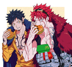 2boys black_hair black_shirt blue_cape border cape chest_tattoo chicken_sandwich coat coat_on_shoulders collarbone collared_shirt commentary_request earrings eating eustass_kid facial_hair fang finger_tattoo food food_on_face fur-trimmed_cape fur_coat fur_trim gears goatee goggles goggles_on_head gold_earrings grin hand_tattoo hand_up hands_up highres holding holding_food jewelry lettuce long_sleeves looking_at_another looking_to_the_side male_focus mcdonald&#039;s mechanical_arms multiple_boys muscular muscular_male one_piece open_clothes open_shirt outside_border pectorals red_coat red_eyes red_hair red_lips scar scar_across_eye scar_on_arm scar_on_chest scar_on_face scar_on_neck shirt short_hair short_sleeves sideburns single_mechanical_arm smile spiked_hair tattoo teeth trafalgar_law upper_body v-shaped_eyebrows veins white_border yakumo_(ykm) yellow_background yellow_eyes yellow_shirt