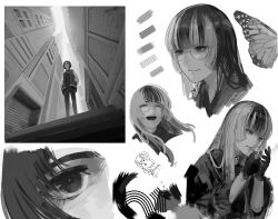 2girls absurdres blunt_bangs building butterfly_wings choker cigarette closed_mouth cropped_shoulders dress floating_hair from_below glasses gloves greyscale hands_in_pockets haniwa_(statue) highres hiodoshi_ao holding holding_lighter hololive hololive_dev_is insect_wings jacket juufuutei_raden juufuutei_raden_(1st_costume) lace lace_choker letterman_jacket lighter lighting_cigarette long_hair looking_at_viewer monochrome mouth_hold multicolored_hair multiple_girls multiple_views open_clothes open_jacket open_mouth pants perspective round_eyewear seki_31_(artist) short_hair smile smoking standing streaked_hair two-tone_hair upper_body virtual_youtuber wings