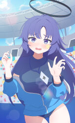 1girl absurdres black_buruma black_halo black_shirt blue_archive blue_jacket blue_sky blush breasts buruma cloud commentary_request fortysansan gluteal_fold halo highres id_card id_card_around_neck jacket large_breasts long_hair looking_at_viewer mechanical_halo open_mouth purple_eyes purple_hair shirt sky solo stadium star_(symbol) star_sticker sticker_on_face thighs yuuka_(blue_archive) yuuka_(track)_(blue_archive)