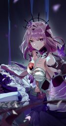 Rule 34 | 1girl, absurdres, bare shoulders, black tiara, breasts, bug, butterfly, butterfly on hand, castorice (honkai: star rail), commentary request, dress, elbow gloves, flower, flower ornament, gloves, hair flower, hair ornament, harutoman, highres, honkai: star rail, honkai (series), insect, long hair, medium breasts, pointy ears, purple eyes, purple gloves, purple hair, solo, tiara, white dress