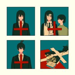 1boy 1girl arm_sling bandage_over_one_eye bandaged_arm bandaged_head bandages bandaid black_hair black_jacket black_necktie black_suit blue_eyes border bouquet business_suit chainsaw_man cigarette cigarette_pack cross flower formal_clothes grave hair_between_eyes hayakawa_aki highres himeno_(chainsaw_man) jacket long_hair long_sleeves looking_at_another looking_down mourning necktie short_hair suit tombstone tuzaixia white_background