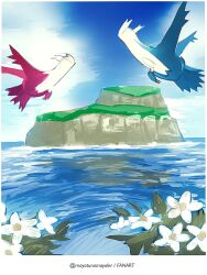 claws commentary creatures_(company) day floating flower game_freak gen_3_pokemon highres latias latios legendary_pokemon looking_to_the_side mayotsunamayo nintendo no_humans outdoors pokemon pokemon_(creature) pokemon_focus ripples sky twitter_username water white_flower
