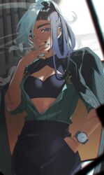 1girl absurdres aqua_hair asymmetrical_bangs black_pants blue_eyes blue_hair blue_nails cigarette dark_skin ear_piercing earrings eyes_visible_through_hair green_jacket green_shirt hair_over_one_eye highres holding holding_cigarette jacket jacket_on_shoulders jewelry kkaags long_hair mole mole_under_eye multicolored_hair open_clothes open_shirt original pants piercing ring scar scar_on_arm shirt smoking solo striped_clothes striped_jacket striped_shirt two-tone_hair upper_body watch wristwatch