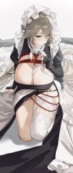 1girl alexandrina_sebastiane bdsm black_dress black_gloves black_panties bondage bound breasts cleavage dress gloves grey_hair hashtag-only_commentary highres huge_breasts long_hair maid maid_headdress naig_(naiji) panties partially_fingerless_gloves red_eyes seiza single_thighhigh sitting solo thighhighs underwear very_long_hair white_thighhighs zenless_zone_zero
