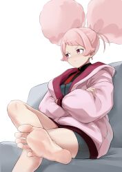 1girl absurdres afro_puffs aomoro barefoot blush chuatury_panlunch crossed_arms crossed_legs feet foot_focus gundam gundam_suisei_no_majo highres looking_to_the_side pink_hair red_eyes sitting soles solo steam toes