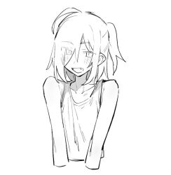 Rule 34 | 1girl, ahoge, azuma shino, collarbone, eyes visible through hair, fang, flat chest, monochrome, nowareno (azuma shino), open mouth, original, pointy ears, ponytail, short hair, sketch, solo, tank top, upper body, white background