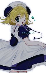 1girl animal_ears antenna_hair apron blonde_hair blue_dress di_gi_charat dress green_eyes highres looking_at_viewer maid_apron one_eye_closed open_mouth panda_ears pepeppepe101 piyoko puffy_short_sleeves puffy_sleeves short_hair short_sleeves simple_background solo white_background