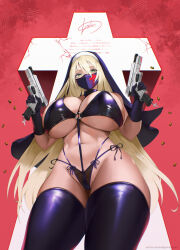 1girl bikini black_bikini black_gloves black_mask black_thighhighs blonde_hair blush breasts cameltoe casing_ejection charm_(object) covered_mouth crack cross cross_pendant curvy dual_wielding finger_on_trigger gloves green_eyes groin gun hair_between_eyes handgun highleg holding holding_gun holding_weapon huge_breasts lace_bikini latex latex_bikini long_hair looking_at_viewer magazine_(weapon) magazine_ejection mask micro_bikini mole mole_under_mouth mouth_mask navel nun o-ring o-ring_bikini o-ring_top open_mouth original red_background red_cross red_sky scripture shell_casing side-tie_bikini_bottom skindentation sky solo swimsuit teeth thighhighs underboob upper_teeth_only veil very_long_hair weapon wide_hips wookyung