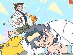 Rule 34 | 2boys, 2others, ahoge, artist logo, bandaid, bandaid on hand, bandaid on leg, beard, beard stubble, black hair, black shirt, blush, brown hair, bruise, closed mouth, commentary request, drowzee, eye mask, facial hair, gen 1 pokemon, gen 3 pokemon, green pants, injury, lab coat, leaf, leaf on head, logo, looking at another, mhagesama, multiple boys, multiple others, nintendo, notice lines, open mouth, pants, pokemon, pokemon (creature), pokemon rse, pokemon sleep, professor birch, professor neroli, running, shirt, sleeping, slippers, stubble, torchic