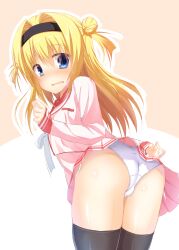 1girl absurdres ass black_thighhighs blonde_hair blue_eyes blush cape chitose_sana clenched_hand clip_studio_paint_(medium) clothes_lift commentary covering_ass covering_privates cowboy_shot double_bun embarrassed eyes_visible_through_hair from_behind hair_between_eyes hair_bun hair_intakes hand_up highres long_hair looking_at_viewer looking_back makochan42 miniskirt nose_blush open_mouth outline panties pantyshot pink_background pink_serafuku pink_shirt pink_skirt pleated_skirt school_uniform serafuku shirt sidelocks simple_background skirt skirt_lift sleeves_past_wrists solo straight_hair tenshinranman thighhighs thighs two-sided_cape two-sided_fabric two-tone_background two_side_up underwear variant_set wavy_mouth white_background white_outline white_panties