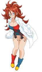 Rule 34 | 1girl, android 21, blue eyes, breasts, brown hair, caisama, cleavage, dragon ball, dragon ball fighterz, glasses, long hair, looking at viewer, solo, thick thighs, thighs, white background