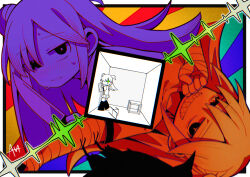 Rule 34 | + +, 1girl, bandaged hand, bandages, bird, blush, boots, box, chair, chibi, chromatic aberration, clenched hand, crow, grin, hair bun, highres, holding, holding knife, knife, long hair, mismatched pupils, mismatched sclera, one side up, outside border, parted lips, sato (r017xts117), sharp teeth, shirt, short sleeves, signature, silhouette, skirt, smile, split theme, sunburst, sweat, table, teeth, wink (azari)