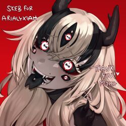 1girl arialyxiah artist_name black_eyes black_hair black_tongue commentary commission commissioner_name highres horns indie_virtual_youtuber light_brown_hair long_hair looking_at_viewer monster_girl multicolored_eyes multicolored_hair open_mouth ouncemilia pointy_ears portrait red_background red_eyes sharp_teeth sidelocks simple_background smile solo streaked_hair teeth third_eye tongue tongue_out vgen_commission virtual_youtuber white_eyes