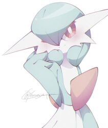 blush colored_skin gardevoir gen_3_pokemon green_hair green_skin hair_over_one_eye multicolored_skin narumiya_pkmn nintendo one_eye_closed pink_eyes pokemon pokemon_(creature) signature simple_background smile two-tone_skin white_background white_skin