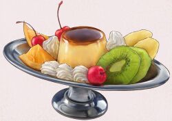 absurdres banana banana_slice cherry commentary_request food food_focus fruit highres kiwi_(fruit) kiwi_slice no_humans orange_(fruit) orange_slice original pudding pudding_a_la_mode still_life whipped_cream zukkiy