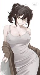 1girl black_hair breasts brown_cardigan cardigan closed_mouth covered_erect_nipples dress green_eyes grey_dress highres large_breasts looking_at_viewer mature_female ponytail renee_graves simple_background solo the_coffin_of_andy_and_leyley vaniste white_background