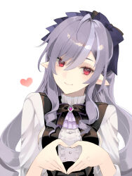 1girl ascot bow center_frills frills gem hair_between_eyes heart heart_hands highres komesiwo_syumi long_hair looking_at_viewer mole mole_under_eye pointy_ears purple_ascot purple_bow purple_gemstone purple_hair red_eyes shrug_(clothing) smile solo upper_body vivian_banshee white_background white_shrug zenless_zone_zero