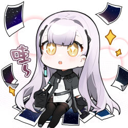 1girl ak-alfa_(girls&#039;_frontline) black_gloves blush chibi chinese_text earrings girls&#039;_frontline girls&#039;_frontline_2:_exilium glint gloves highres jewelry long_hair madcore official_art open_mouth photo_(object) purple_hair second-party_source single_earring sitting space sparkling_eyes teeth tololo_(girls&#039;_frontline_2) upper_teeth_only yellow_eyes