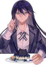 1girl conch_(gundam) cynosury9328948 food gundam gundam_gquuuuuux highres holding holding_spoon jacket long_hair long_sleeves non-humanoid_robot nyaan_(gundam_gquuuuuux) pancake plate robot school_uniform shirt simple_background solo spoon white_background wireless_earphones yellow_eyes