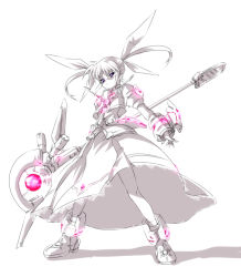 Rule 34 | 10s, 1girl, alternate costume, female focus, fingerless gloves, gloves, huge weapon, lyrical nanoha, magical girl, mahou shoujo lyrical nanoha, mahou shoujo lyrical nanoha the movie 1st, monochrome, nekomamire, raising heart, raising heart (device mode) (1st), solo, takamachi nanoha, twintails, weapon, white devil