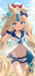 1girl ahoge animal_ear_fluff animal_ears bikini blonde_hair blue_bow blue_eyes blue_hair blue_nails bow breasts cat_ears claw_pose dress fins fish_girl fish_tail frilled_shirt_collar frills hair_bow highleg highleg_bikini highres indie_virtual_youtuber kaniki_(sameko_saba) long_hair looking_at_viewer low_twintails multicolored_hair nail_polish nash65 navel one_side_up open_clothes open_dress open_mouth sameko_saba short_shorts shorts sleeveless sleeveless_dress small_breasts smile solo streaked_hair striped_bikini striped_clothes swimsuit tail twintails very_long_hair virtual_youtuber white_dress white_shorts