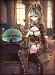 1girl absurdres black_hairband boots breasts brown_corset brown_gloves brown_hair chinese_commentary cleavage commentary_request corset crossed_legs gloves grey_eyes hair_intakes hairband hat highres honkai_(series) honkai_impact_3rd indoors lace-up_boots large_breasts medium_hair shuiyinzijun sitting solo thigh_boots thighs top_hat vill-v