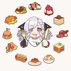 1girl absurdres asymmetrical_bangs bird black_ribbon blush burger chicken food fork girls&#039;_frontline glutton grey_hair gun hair_ornament hair_ribbon highres holding holding_fork holding_knife italian_flag kaede6767 knife long_hair looking_at_viewer open_mouth pump_action red_eyes ribbon saliva shotgun simple_background smile solo spas-12 spas-12_(girls&#039;_frontline) twintails weapon