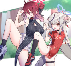 2girls animal_ears black_choker black_hair black_socks blue_archive blue_halo breasts brown_eyes china_dress chinese_clothes choker cosplay costume_switch diamond_cutout dress gnoet grey_hair hair_between_eyes hair_bun halo highres kokona_(blue_archive) kokona_(blue_archive)_(cosplay) large_breasts loli long_hair mole mole_on_thigh mole_under_eye multicolored_hair multiple_girls pelvic_curtain puffy_short_sleeves puffy_sleeves red_dress red_eyes red_hair reijo_(blue_archive) reijo_(blue_archive)_(cosplay) shoes short_sleeves single_side_bun sleeveless sleeveless_dress small_breasts sneakers socks standing standing_on_one_leg streaked_hair striped_clothes striped_dress thigh_strap tiger_ears tiger_girl vertical-striped_clothes vertical-striped_dress