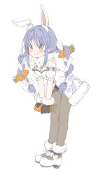 1girl animal_ears bent_over black_gloves black_pantyhose blue_hair bow braid breasts carrot carrot_hair_ornament commentary don-chan_(usada_pekora) dress food-themed_hair_ornament full_body fur-trimmed_gloves fur_trim gloves hair_bow hair_ornament highres holding holding_carrot hololive nanoningen_(anapoko) pantyhose rabbit_ears rabbit_girl red_eyes shoes small_breasts smile solo strapless strapless_dress thick_eyebrows twin_braids usada_pekora virtual_youtuber white_dress white_shoes