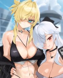 Rule 34 | 2girls, blonde hair, blue eyes, blue sky, breasts, cinderella (beautiful me) (nikke), cinderella (nikke), cleavage, dongtan dress, dress, glasses, goddess of victory: nikke, grave (beautiful you) (nikke), grave (nikke), grey dress, hand on another&#039;s hip, heart, heart necklace, highres, hirosenpai, holding, holding phone, jewelry, large breasts, long hair, looking at viewer, meme attire, missing commentary, multiple girls, navel, necklace, official alternate costume, outdoors, phone, red eyes, scar, scar on stomach, selfie, short hair, sky, smile, stomach, white hair