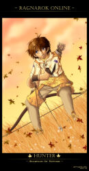 Rule 34 | 1boy, 2000s (style), 2004, antenna hair, arrow (projectile), autumn leaves, bow (weapon), brown hair, brown pants, brown shirt, brown shorts, character name, cloud, commentary, copyright name, cropped jacket, english commentary, falling leaves, feet out of frame, grass, highres, holding, holding bow (weapon), holding weapon, hunter (ragnarok online), jacket, leaf, looking afar, looking to the side, male focus, orange sky, pants, pants under shorts, parted lips, quiver, ragnarok online, shirt, short hair, short sleeves, shorts, sky, solo, weapon, white jacket, yan (y-squared)
