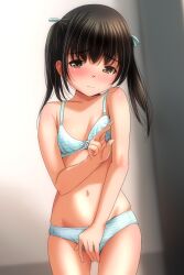 1girl black_hair blue_bow blue_bra blue_panties blue_ribbon blush bow bow_bra bow_panties bra breasts brown_eyes collarbone covering_crotch covering_privates embarrassed hair_ribbon highres long_hair looking_at_viewer matsunaga_kouyou navel original panties ribbon small_breasts standing striped_bra striped_clothes striped_panties twintails underwear