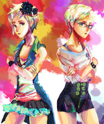 2girls black_flower black_shorts black_skirt blue_eyes blue_jacket bracelet brooch commentary crossed_arms dual_persona english_commentary flower glasses hair_flower hair_ornament high-waist_shorts highres jacket jewelry kyokugen_dasshutsu kyokugen_dasshutsu_adv:_zennin_shibou_desu multiple_girls necklace open_clothes open_jacket optimus-prinkeps phi_(kyokugen_dasshutsu) shirt short_hair shorts skirt sleeveless sleeveless_jacket sleeveless_shirt very_short_hair white_hair white_shirt zero_escape:_toki_no_dilemma