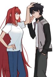 Rule 34 | 1boy, 1girl, aozaki aoko, black eyes, black hair, blue pants, breasts, glasses, headpat, highres, large breasts, long hair, pants, red hair, shintyoi2, shirt, short hair, smile, tohno shiki, tsukihime, very long hair, white shirt