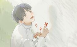 1boy absurdres aged_down alien_stage black_eyes black_hair commentary finger_painting highres ivan_(alien_stage) long_sleeves male_focus open_mouth red_pupils seppuku009 shirt short_hair smile solo very_short_hair white_shirt