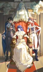 3girls black_hair blue_eyes boots brown_hair cape day dress epaulettes fang full_body fur-trimmed_cape fur_trim hair_ornament highres indoors kagura_hikari kujou_karen long_hair medium_hair multiple_girls open_mouth pants purple_eyes purple_hair qisu_zhang red_eyes scabbard sheath shoujo_kageki_revue_starlight sitting_on_throne standing star_(symbol) star_hair_ornament statue sunlight sword tiara tsuyuzaki_mahiru twintails weapon